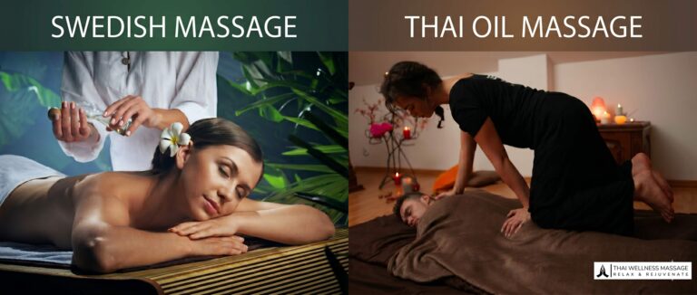 two images of different massage therapy swiss and thail oil